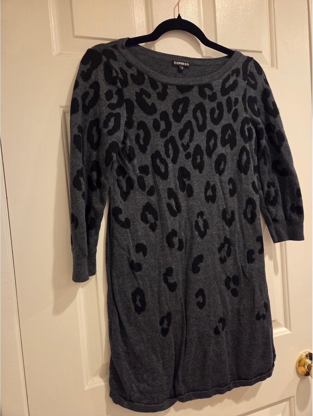 Express Gray and Black Leopard Print Sweater Dress - medium